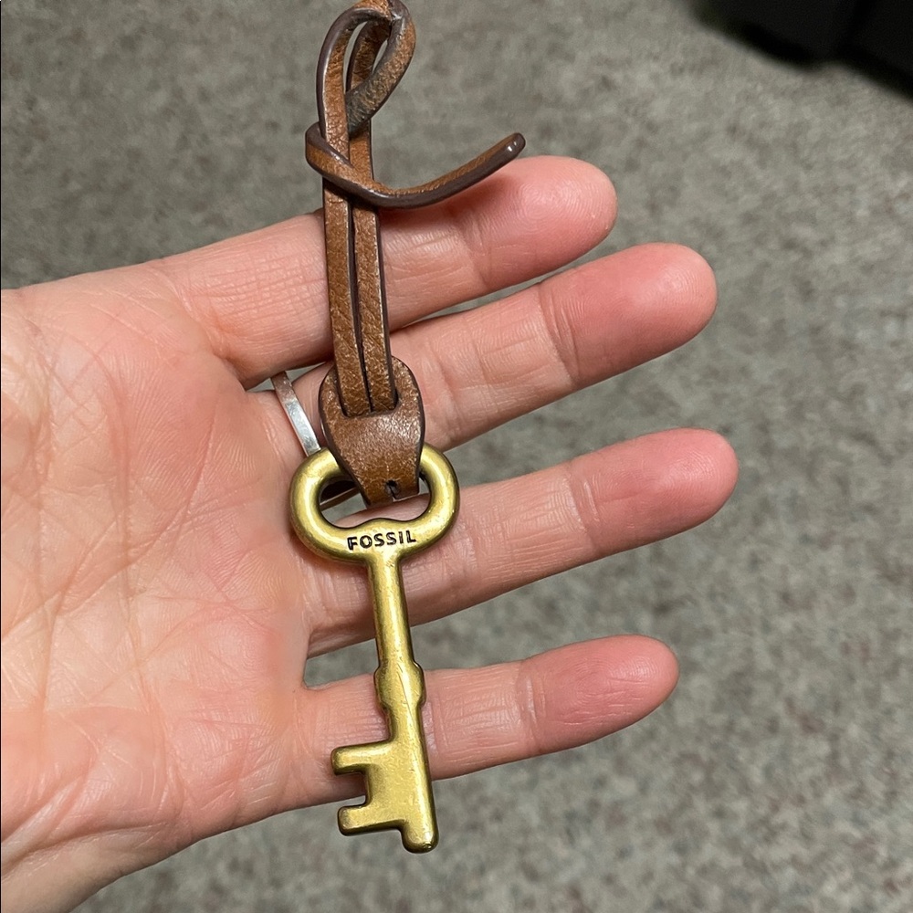 Fossil purse charm/Brass Key Keychain with Tan Leather Loop